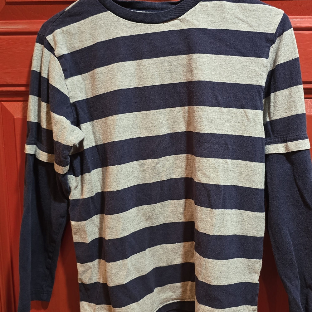 Basic Editions Navy and Gray Striped Kids Long Sleeve Tee